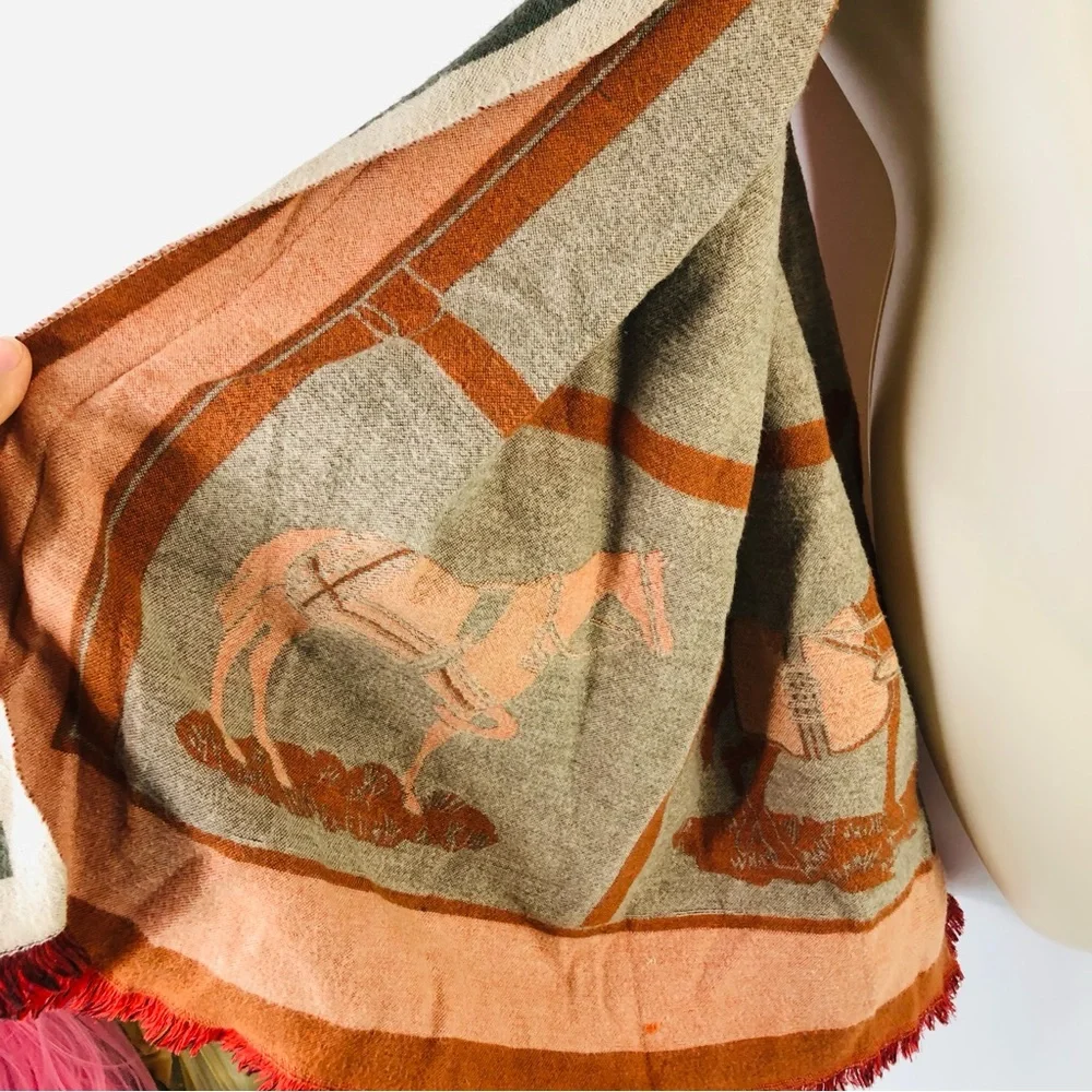 Large Equestrian Novelty Luxury Scarf Shawl Horse Orange Green Fall Autumn Wrap